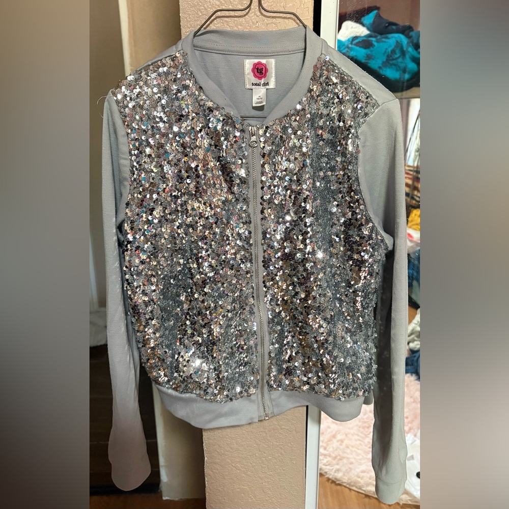 Total Girl Stylish Gray Sparkly Zip Up Jacket